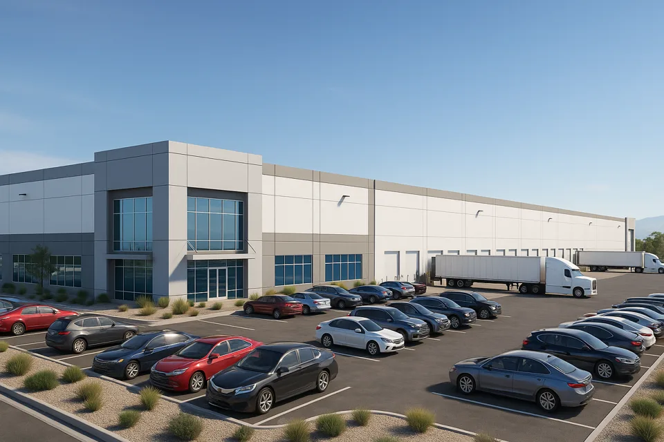 Conceptual rendering: warehouse exterior with glass office entry, car parking and trailers at the docks