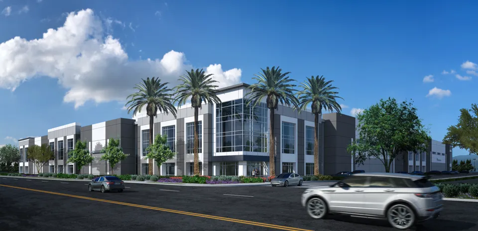 Conceptual rendering: two-story office frontage with palm trees along the street