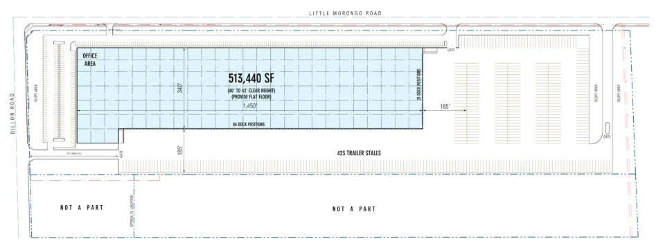 Site plan, Scheme 04.1: 513,440 SF layout with expanded trailer yard